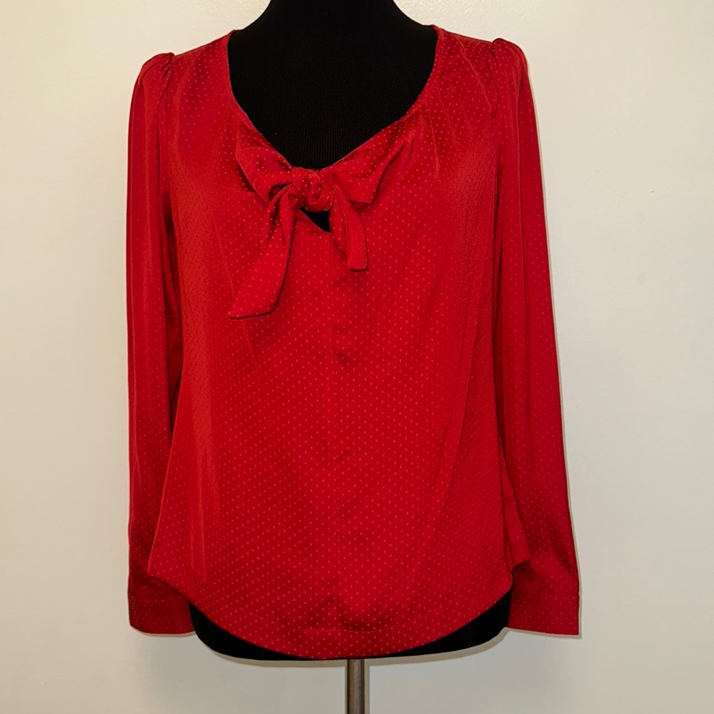 Cabi Front Knot Swiss Red Dot Print Satin Blouse Size XS
